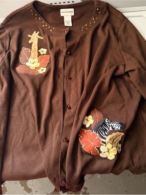 breckenridge Brown Embroidered Safari Cardigan with Zebra & Giraffe